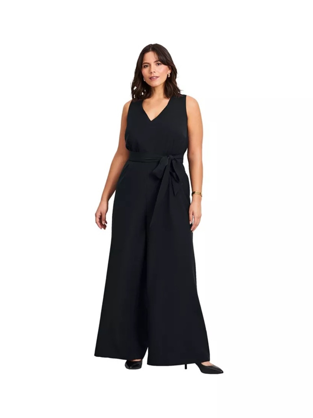 Size 8 Spense Women's V-Neck Wide Leg Jumpsuit with Belt, Rich Black